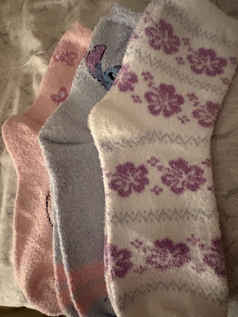 Cozy Fuzzy Disney stick Floral Crew Socks - Pink, Lavender, White